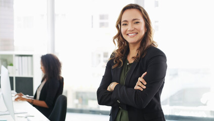 Portrait, smile or woman with arms crossed in office, labor law compliance or human resource...