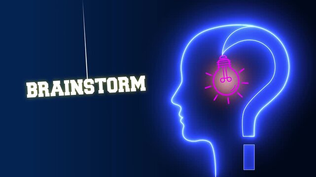 Brainstorm text sign swinging besides a glowing neon blue human head profile with a pink light bulb and question mark for group thinking and creative ideas