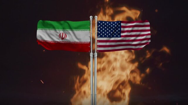 Iranian and American flags waving against an intense fire background 