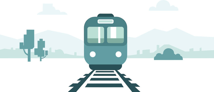 A streamlined, modern train approaches on its tracks, set against a minimalist landscape with distant hills and trees