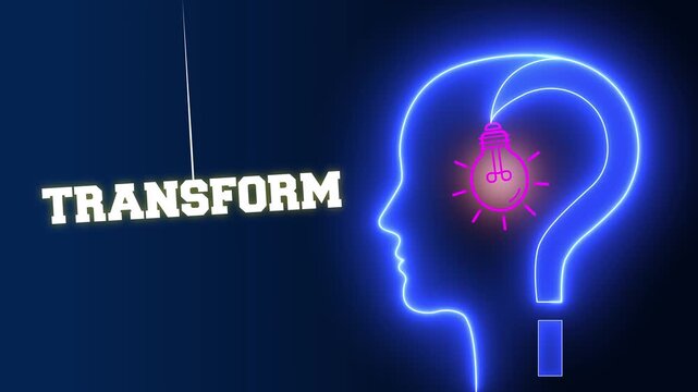 Transform text sign swinging besides a glowing neon blue human head profile with a pink light bulb and question mark for mental change and creative evolution