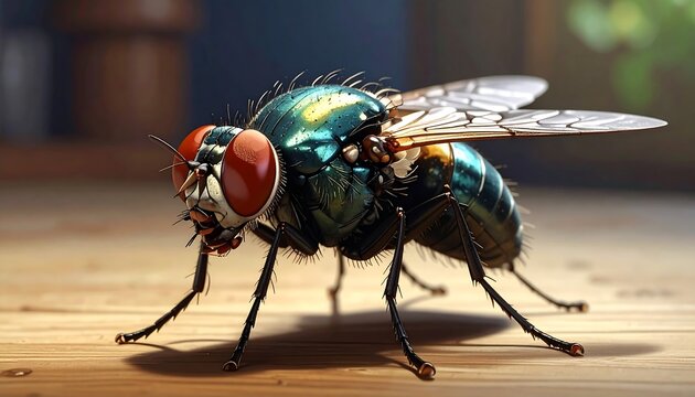 A hyperrealistic, close-up depiction of a common house fly perched on a wooden surface, showcasing its iridescent body