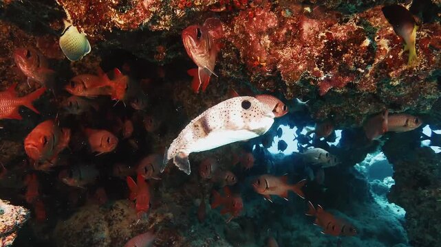 A porcupine fish swims past a reef overhang crowded with red squirrelfish in Mauritius. Concept of reef biodiversity and sheltered marine habitats.