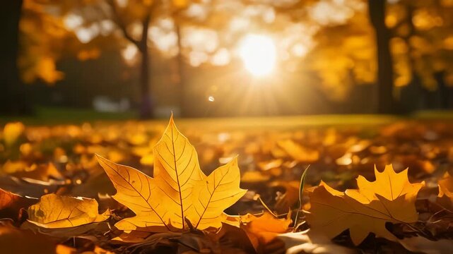 A close-up of a maple leaf in a bed of fallen leaves, bathed in warm sunlight