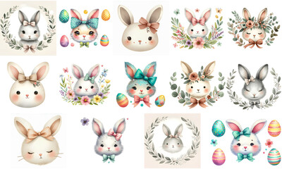 Obraz premium Cute Watercolor Easter Bunny Rabbits with Floral Wreaths Eggs Bows Clipart Set Illustration