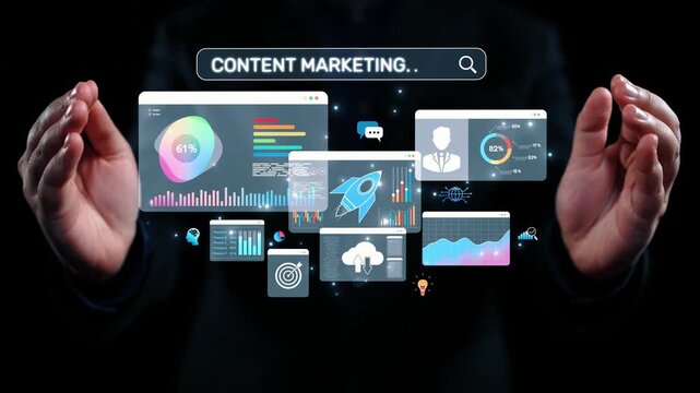 Content marketing interface with data dashboards, analytics charts, and content tools. Marketing success comes from content performance, content planning, and marketing optimization. Elide