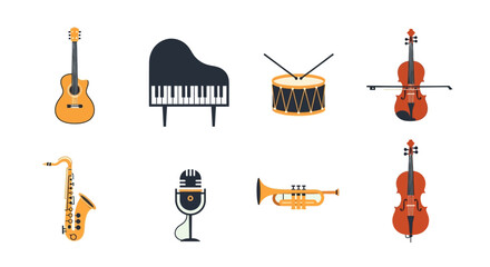 Variety of musical instruments in flat design style on transparent background silhouette © Md