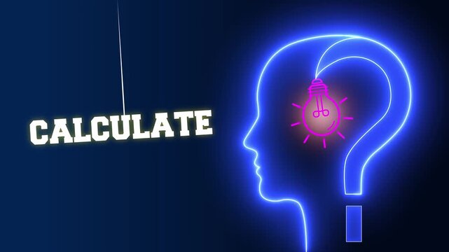 Calculate text sign swinging besides a glowing neon blue human head profile with a pink light bulb and question mark for mathematical logic and mental calculation