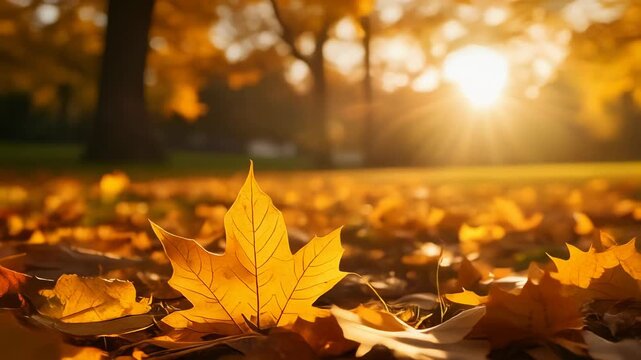 Golden sunlight illuminates a close-up of a maple leaf surrounded by autumn foliage in a park