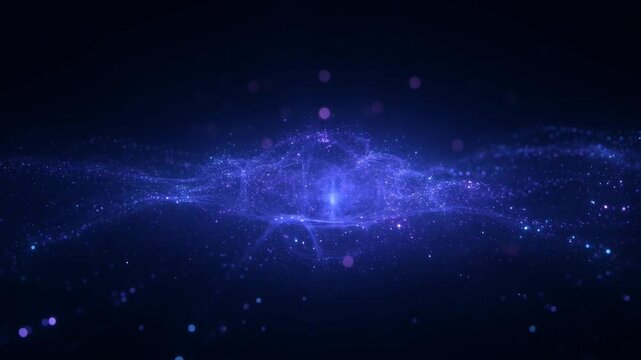 Shimmering Blue Particles Flowing and Expanding in Dark Abstract Space
