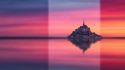 Fototapeta premium Mont Saint-Michel stands majestically at sunset, reflected on calm waters with vibrant pink and purple skies in the background.