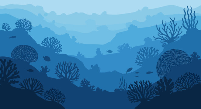 Deep blue underwater coral reef scene with fish and marine life
