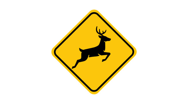 Deer crossing warning road sign on white background