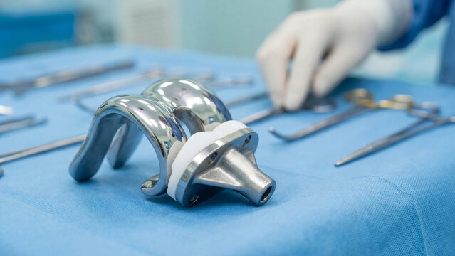Orthopedic knee replacement implant components laid out on sterile surgical tray for arthroplasty procedure preparation in operating room