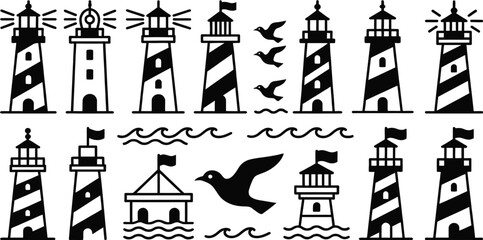 Fototapeta premium Set of 13 lighthouse icons vector, black and white