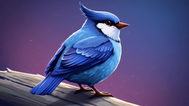 A vibrant blue bird perched on a branch against a colorful gradient background at twilight