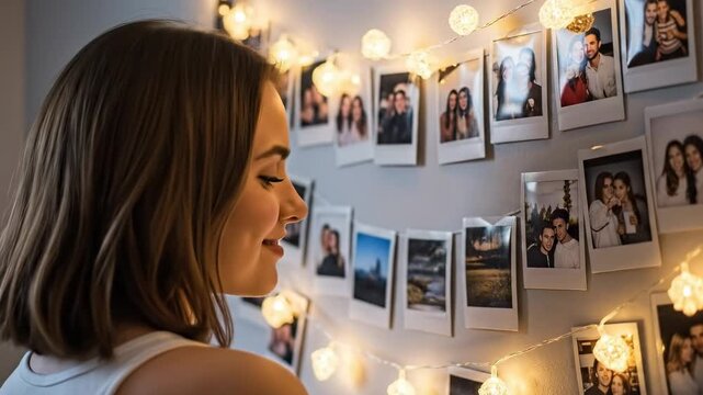 Young Caucasian woman looking at sentimental memory wall with instant photos and fairy lights in cozy bedroom