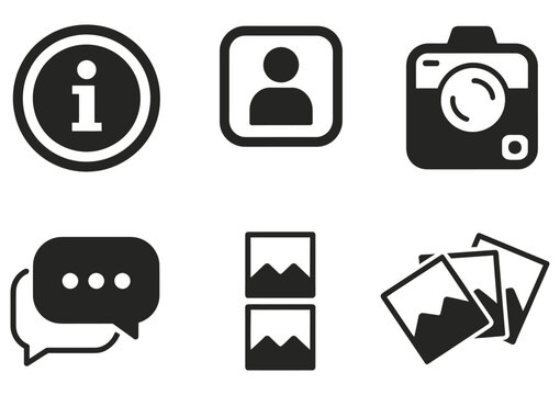Flash, light symbol, chat and info sign, hipster photo camera icon, photo booth strips, human portrait frame, and classic speech bubble icon, modern flat vector illustration collection