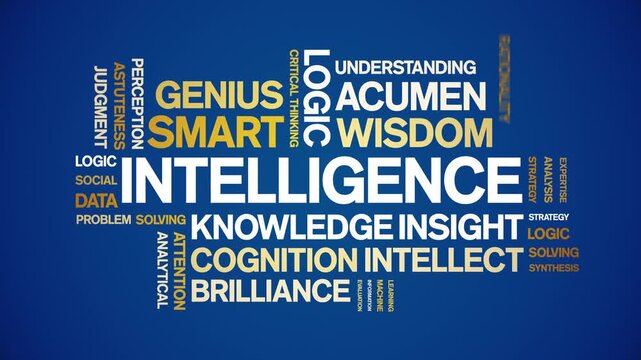 intelligence animated word cloud-text design animation tag kinetic typography seamless loop.