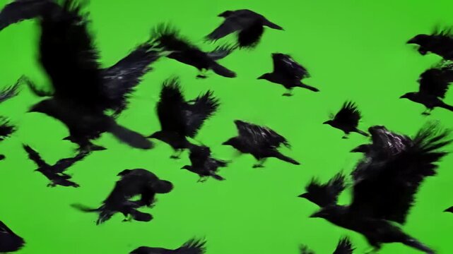 Green Screen black birds fly on the from right to left scene 3 with distortion, overlay, glitch, static noise, scan lines background, 4k animated video loop