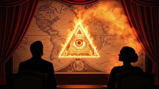Globalist Secret Society Meeting with Flaming Eye of Providence Symbol on World Map