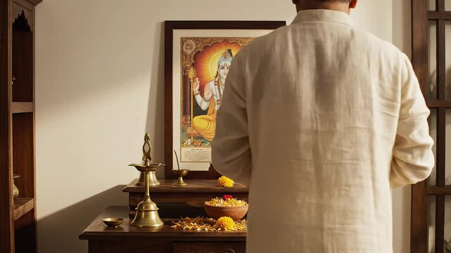 Man preparing for mahavir jayanti home prayer ritual