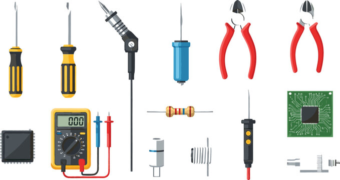 Electronics Repair Tools Vector Set with Soldering Iron, Multimeter, Pliers, Screwdrivers and Electronic Components