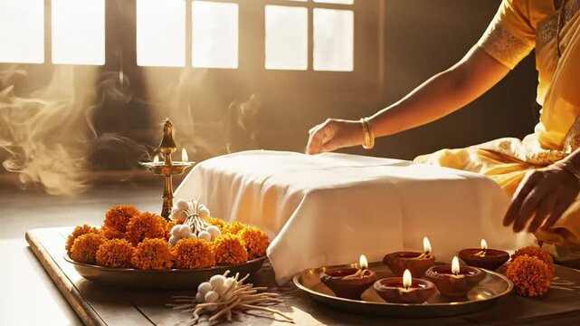 Woman preparing home prayer altar for mahavir jayanti, lighting diyas and incense
