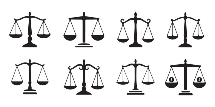 Scales of justice silhouette icon set, black balance symbols collection for law and court themes, classic legal vector illustration isolated. Simple black and white balance scales. Weight scales 
