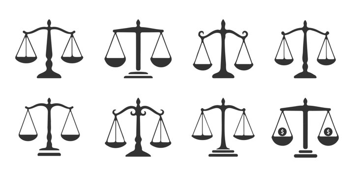 Scales of justice silhouette icon set, black balance symbols collection for law and court themes, classic legal vector illustration isolated. Simple black and white balance scales. Weight scales 