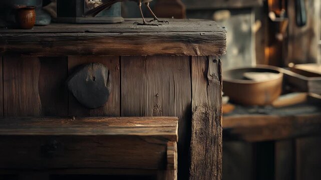 A robin with orange breast perched on a weathered wood table, rustic objects around