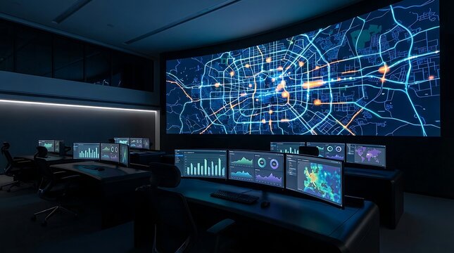 A High-Tech Control Room Featuring a Large Curved Screen Displaying a Digital City Map and Multiple Workstations for Advanced Analysis