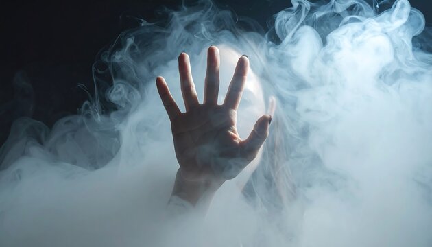 A hand, palm outward, presses against dense, swirling wisps of smoke, obscuring a figure against a dark backdrop
