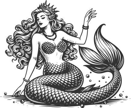 Mermaid Queen Vintage Engraving Sea Siren Vector Illustration,Elegant Mermaid Queen With Crown Vintage Hand Drawn Ocean Vector