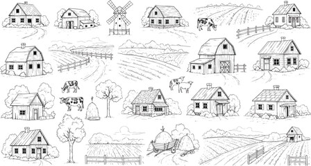 Hand Drawn Rural Farm Landscape Elements Vector Set with Barns, Farmhouses, Windmill, Fields, Cows and Countryside Agriculture Sketch Illustration © Jahangir