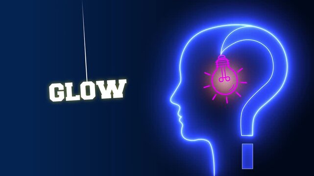 Glow text sign swinging besides a glowing neon blue human head profile with a pink light bulb and question mark representing illuminated thoughts and creative energy