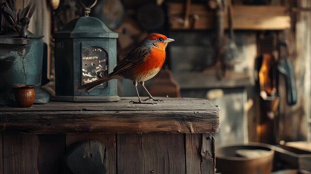A robin with an orange breast perches on a weathered wooden table with antique objects