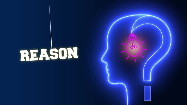 Reason text sign swinging besides a glowing neon blue human head profile with a pink light bulb and question mark representing logical reasoning and mental clarity