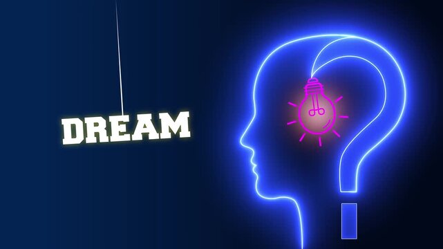 Dream text sign swinging besides a glowing neon blue human head profile with a pink light bulb and question mark representing deep imagination and visionary ideas