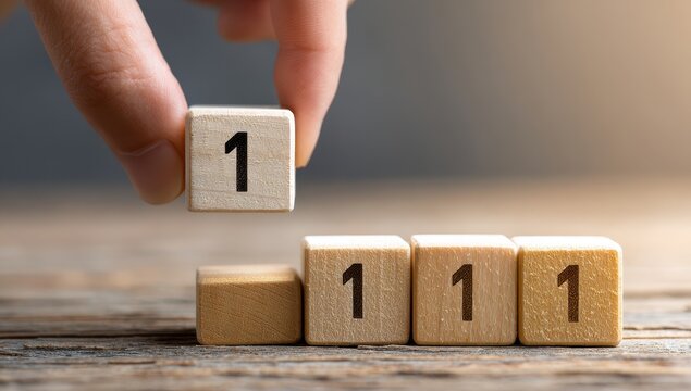 Hand placing block with number 1 to complete 1111 on wooden surface.