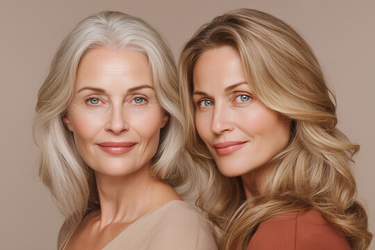 Two women 45+ years old, both blondes standing side by side, realistic beauty portrait, studio lighting