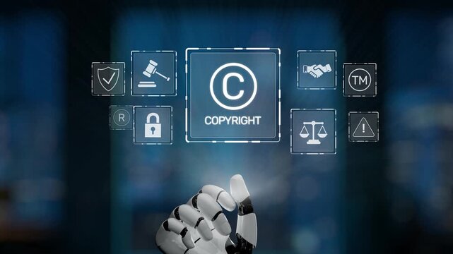A robotic hand interacts with digital copyright symbols and legal icons, showcasing the intersection of technology, law, and intellectual property in a modern context. Synapse