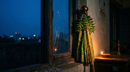 Naklejka premium Traditional Gudi Padwa festival setup by window at night with diya