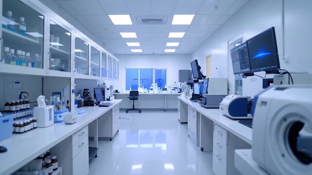Empty modern laboratory room with advanced scientific equipment and computer workstations