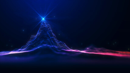 Abstract digital landscape with glowing blue mountain peak and network connection points. Futuristic wireframe terrain represent Big Data and Artificial Intelligence concepts on dark background.