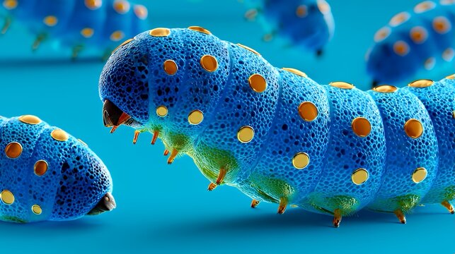 Detailed Blue Golden Spotted Segmented Larva Against Vibrant Blue Background