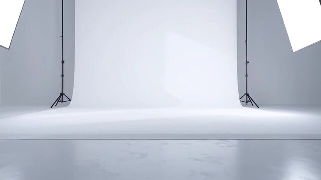 Empty photo studio with white seamless backdrop, two softbox lights, and a window