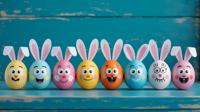 Colorful easter eggs with bunny ears and faces lined up on a worn blue wooden surface creating a playful and festive atmosphere with pastel colors and soft lighting