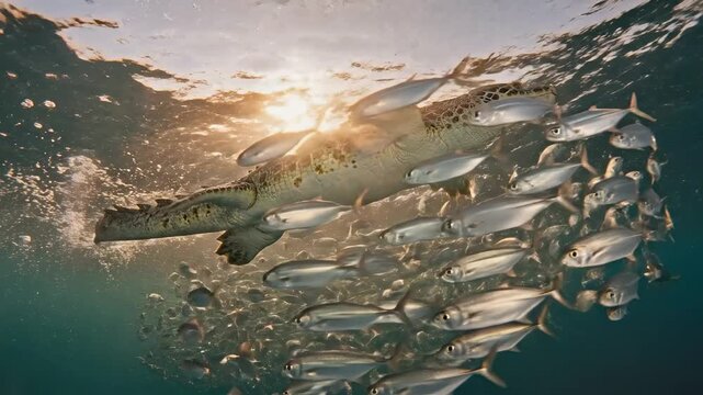 Endangered sea turtle swimming through a large school of silver fish in clear ocean water under sunlight