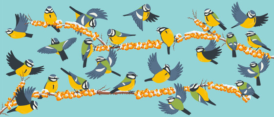 vector drawing birds, blue tit at sea buckthorn branch with berries and snow in winter, hand drawn wildlife illustration © cat_arch_angel